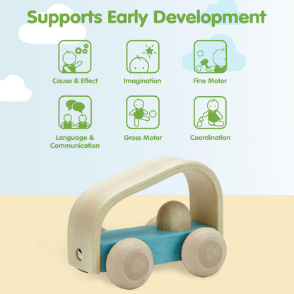 PlanToys® Vroom Car Wooden Push Toy for Toddlers | Eco-Friendly Toddler Push Car for Indoor Play | Montessori Fine Motor Learning Toys for Kids