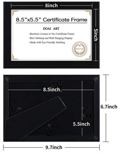 DOAI ART 8.5 x 5.5 Business License Frame Black, Professionals 5.5 x 8.5 Certificate Frames Fit Diploma, Document and Tax Certificate Self Standing with Wall Hangers