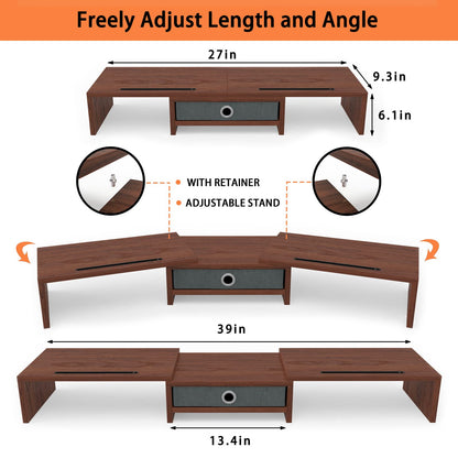 WESTREE Dual Monitor Stand Riser with Drawer - Adjustable Length and Angle, 2 Phone Hold, Desktop Organizer for Computer/Laptop/PC/Printer