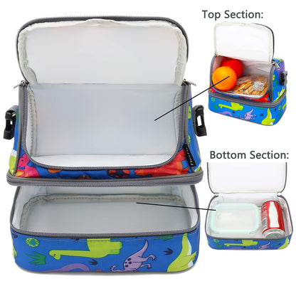 FlowFly Kids Double Decker Cooler Insulated Lunch Bag Large Tote for Boys, Girls, Men, Women, With Adjustable Strap, Dinosaur