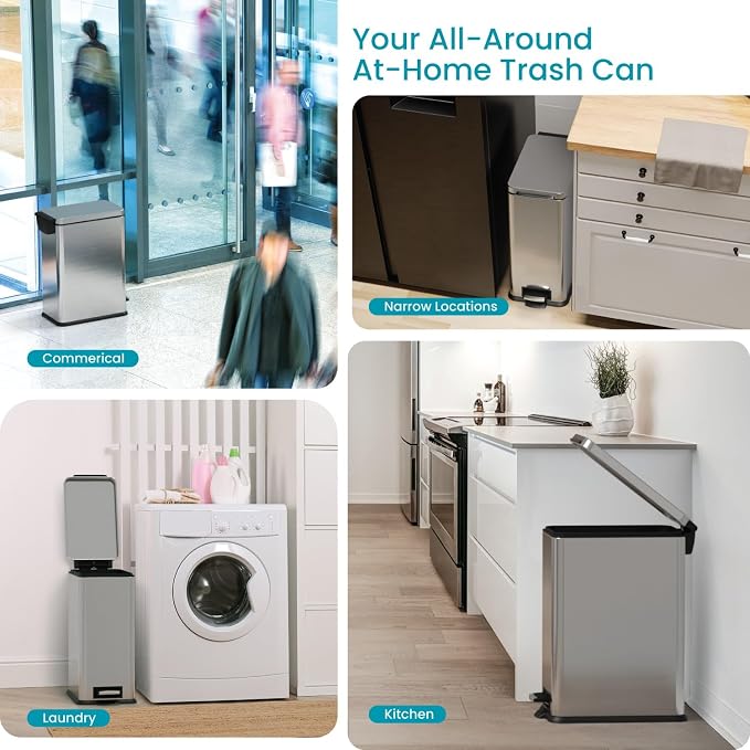 Home Zone Living 8 Gallon Kitchen Trash Can with Slim Fit Design | Stainless Steel with Soft-Close Step Pedal Lid, Bag Tuck Band for Easier Bag Changes, Rectangular Shape, Silver