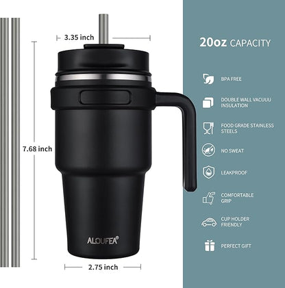20 oz Insulated Coffee Mug Tumbler with Handle, Stainless Steel Travel Mug Tumbler with Lid and Straw,Double Wall Vacuum Leak Proof Ice Coffee Thermal Cup, Black/Rose Gold