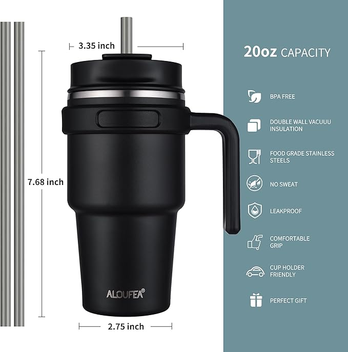 20 oz Insulated Coffee Mug Tumbler with Handle, Stainless Steel Travel Mug Tumbler with Lid and Straw,Double Wall Vacuum Leak Proof Ice Coffee Thermal Cup, Black and Navy