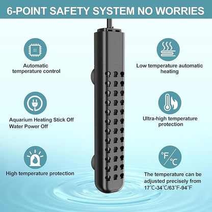 100W Aquarium Heater for 10-20 Gallon with Auto Shut-Off When Leaving Water—Submersible Fish Tank Heater, Dry-Burn & Overheat Protection, Explosion-Proof, Freshwater Saltwater Turtle Tank