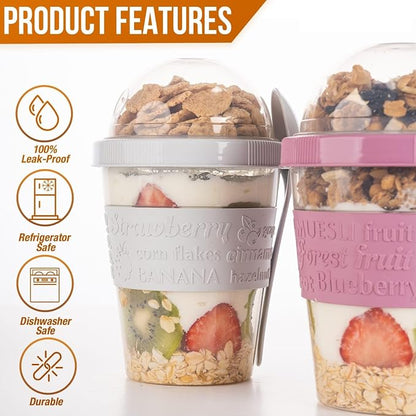 4-Pack Reusable Parfait Cups with Lids & Built-In Spoons - BPA-Free Dual-Compartment Containers for Oatmeal, Granola, Breakfast, Gym, and Travel - Leakproof & Dishwasher Safe - (20 oz)