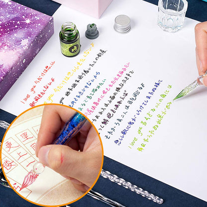 AXEARTE Glass Dip Calligraphy Pen Set, 18-Pieces 14 Color Inks, Pen Holder, Cleaning Cup, 2 Crystal Glass Pens for Art, Writing, Drawing, Signatures, Gift for Kids and Artist