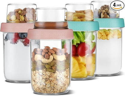 4oz 16 oz Glass Overnight Oats Containers with Lids 4Pack, Yogurt Parfait Cups with Dry and Wet Separation, Breakfast Prep Bowl for Cereal Nut Fruit Meal, To Take Along Oatmeal Salad Smoothie Snack