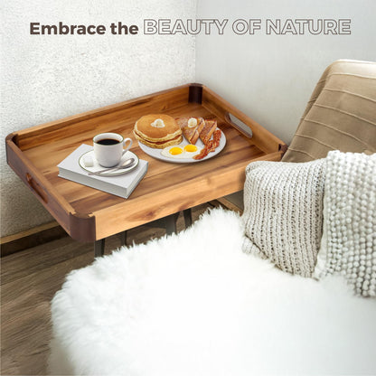 17 x 13 Inch Acacia Wood Serving Tray with Handles, Decorative Wooden Tray Featuring Dark Walnut-Tone Curved Corner Accents for Coffee Table, Ottoman & Kitchen Counter...
