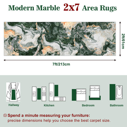 Yinhua 2x7'3 Rug Runners for Hallways, Marble Runner Rug Non Silp, Soft Abstract Kitchen Runner Rugs Non Shedding, Washable Area Rugs Green and Gold, Stain Resistant Carpet for Bathroom Entryway Hall