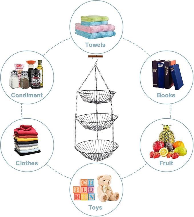 3-Tier Wire Fruit Hanging Basket 2 Packs, non-Punching Wall Hanging Storage
