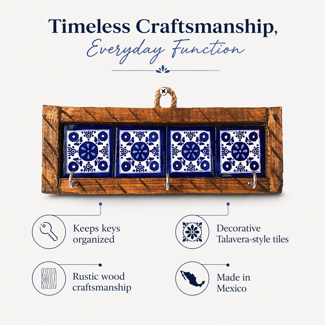 Casa Fiesta Designs Mexican Talavera Key Holder – Handcrafted Wooden & Ceramic Wall Organizer with 3 Metal Hooks – Blue & White Tile Design – Rustic Home Décor - Portallaves 4 Azulejos Azules