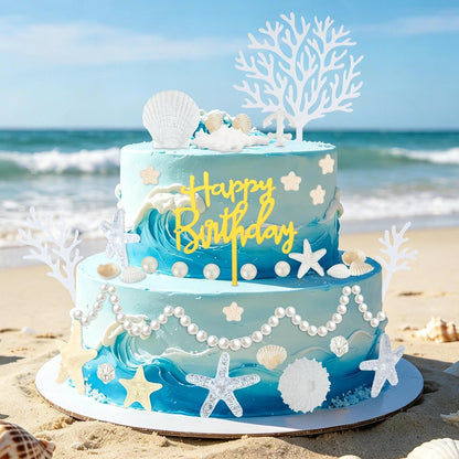 Prospura 34Pcs Beach Cake Topper Set, Under the Sea Theme Decorations with Golden Happy Birthday Sign, Ocean Seashells Starfish Conch for Summer Birthday Party Supplies