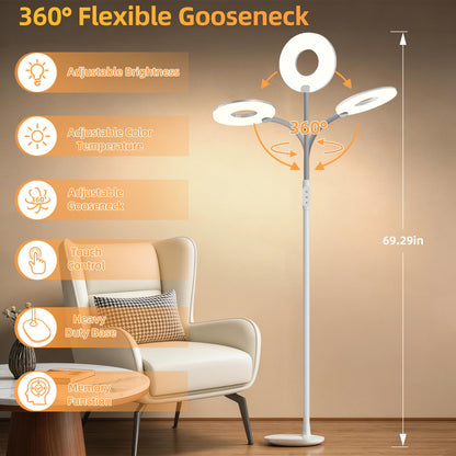GyroVu 70" Bright LED Floor Lamp for Living Room, Dimmable Standing Tall Lamps with Color Temperature Adjustable, Touch Control Gooseneck Reading Light for Bedroom Office
