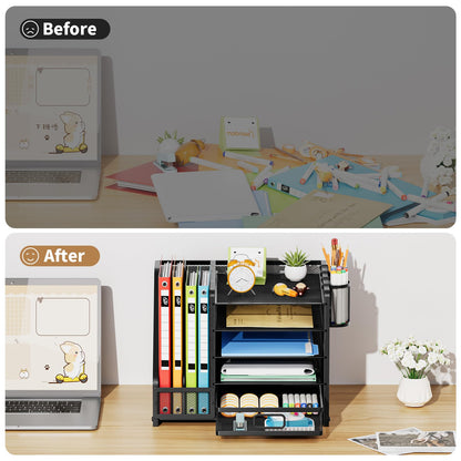 Marbrasse Desk Organizer with File Holder, 5-Tier Paper Letter Tray Organizer with Drawer and 2 Pen Holder, Mesh Desktop Organizer and Storage with Magazine Holder for Office Supplies (Wood-Black)