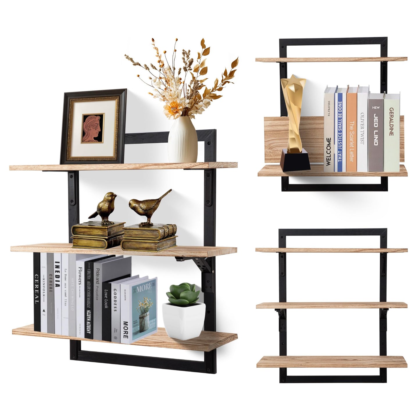 Wodhels 24-Inch Floating Shelves for Wall，3-Tier Wooden Wall Mounted Kitchen Shelves with Foldable Brackets,Hanging Wall Shelves for Living Room, Coffee Bar，Bedroom, Bathroom,Rustic Brown