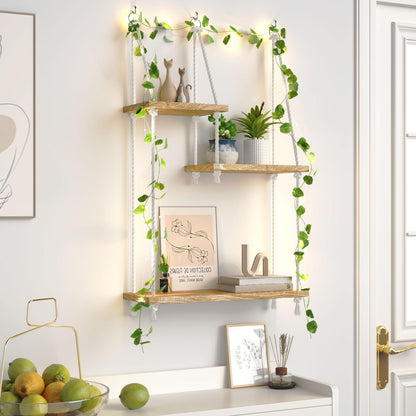 FKSLIFE Hanging Shelves for Wall,Macrame Hanging Plant Shelf with Vine Lights 3 Tier Rope Floating Shelf Wood Organizer Storage Rack Boho Wall Decor Aesthetic for Succulents Bedroom Bathroom Kitchen