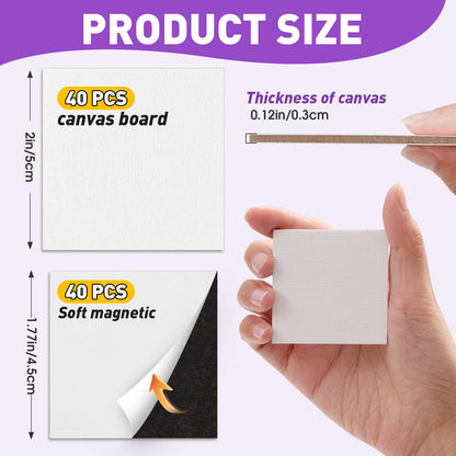 ESRICH 40 Pack 2x2IN Mini Magnetic Canvas Panels, Small Canvases for Painting for Oil, Watercolor, Acrylic Painting & DIY Crafts with 40PCS 2x2IN Square Flat Canvas Boards, 40PCS Soft Magnets
