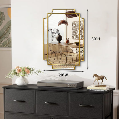 HQiJun 30x20 Inch Gold Bathroom Mirror, Wooden Frame with Scalloped Polished Beveled Glass, Modern Art Wall Decor for Vanity, Irregular Rectangle Mirror for Bedroom, Living Room, Fireplace & Entryway