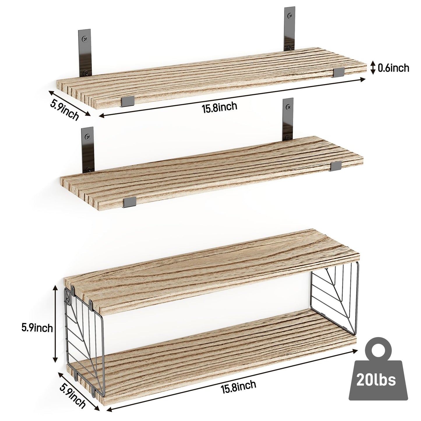 Fixwal Bathroom Floating Shelves Over Toilet, 15.8in Farmhouse Rustic Wood Shelves, Wall Decor for Bathroom, Living Room,Bedroom and Kitchen (3 Plus 1 Tier Rustic Brown)