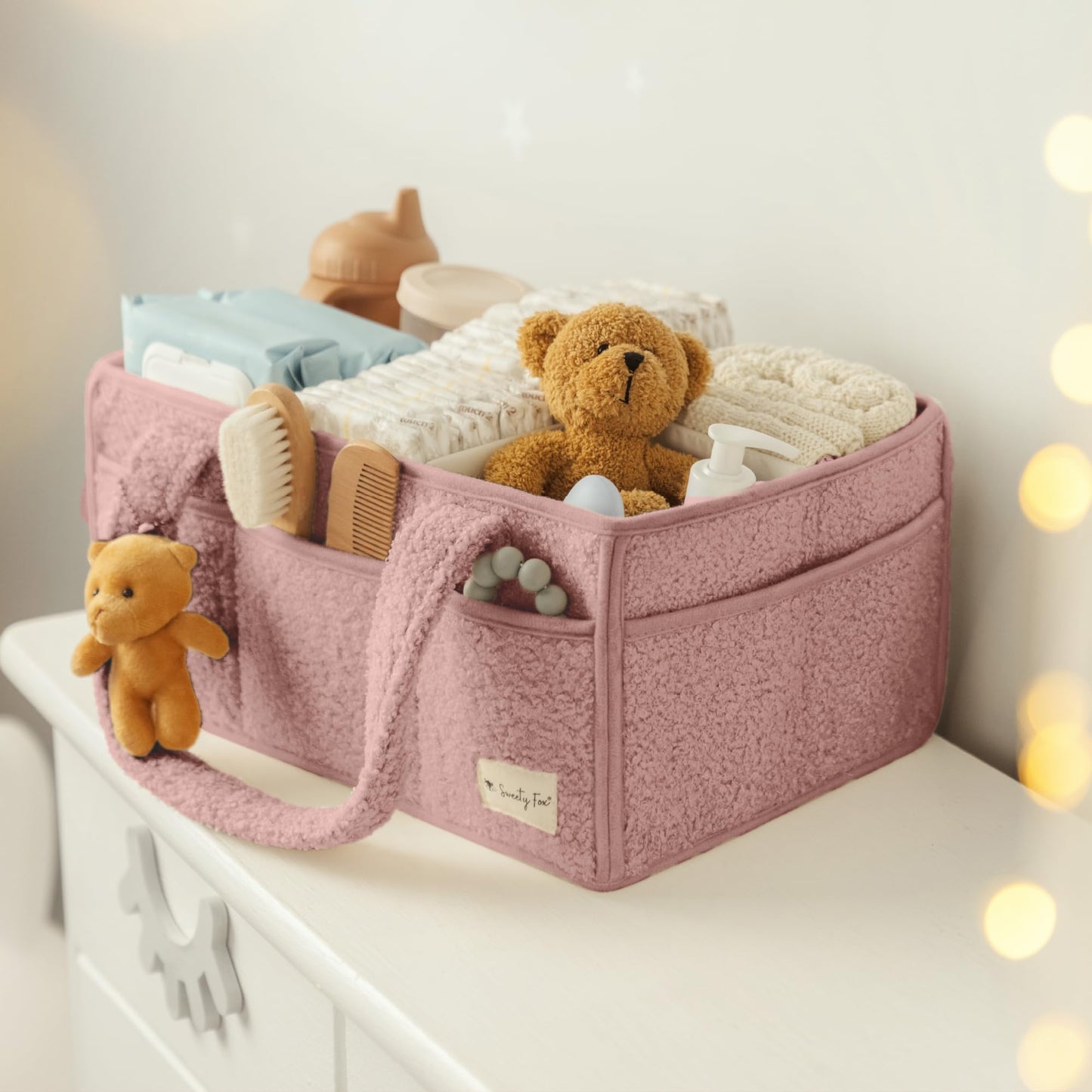 Sweety Fox Baby Diaper Caddy Organizer with Handle - Portable Sherpa Nursery Basket - Car Diaper Organizer, Cleaning Caddy, Gift for Baby Shower - Pink