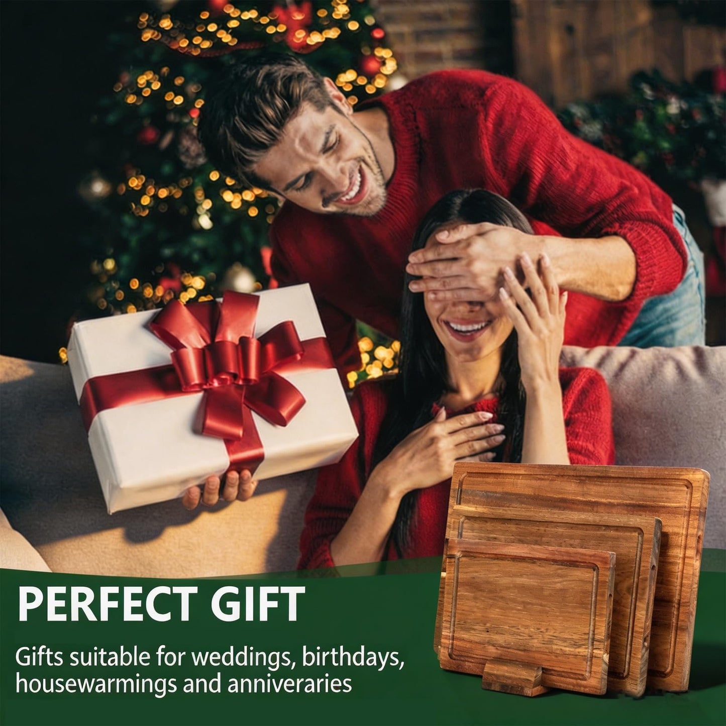 3 PCS Acacia Wood Cutting Boards for Kitchen With Wooden Storage Stand