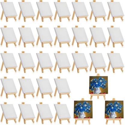 Mimorou 32 Pack Mini Canvas with Easel Sets for Painting Small Art Stretched Canvas Panels Pack with Sturdy Wood Display Easel for Kids Classroom Crafts End of The Year Gifts (3 x 3 Inch)