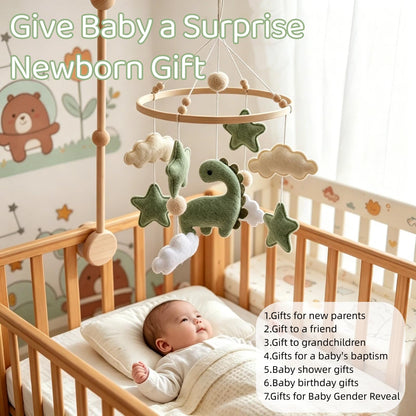 Soft Green Dinosaur Theme Baby Mobile for Crib, Simple Crib Bell for Boys and Girls,Handmade Felt Clouds Nursery Ceiling Decoration,Easy to Install Cotton Animal Charms for Bassinet