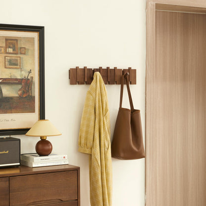 QUELLANCE Wood Coat Rack Wall Mount, Coat Hooks Hanger Wall Mounted, Heavy Duty Wall Coat Rack with 8 Hooks for Hanging Coats/Keys/Hats/Robe&Towels/Plants/Bags, Walnut