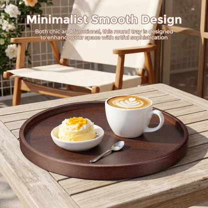 Round Natural Wood Tray - 12 Inch Decorative Serving Tray with Handles, Solid Wooden Coffee Table Tray for Ottoman, Vanity, Entryway, Snacks, Drinks & Home Decor
