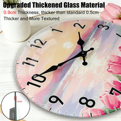 TGHHPC 12-Inch Spring Tulip Sunset Wall Clock, Silent Non-Ticking Battery Clock with Premium Glass Silent Movement Large Number Clocks for Romantic Bedroom Relaxing Living Room Office Kitchen Hotel