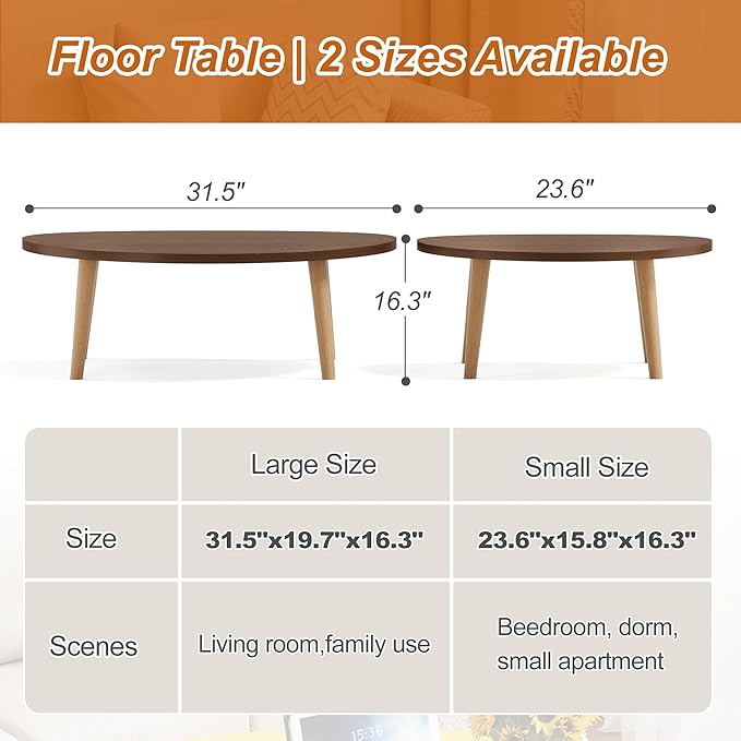 Coffee Table Low Table with Solid Wood Legs, 31.5x19.7" Large Coffee Table Side Table, Floor Table Desk for Sitting on The Floor, Living Room Furniture for Office Apartment Home, Pebble-Walnut