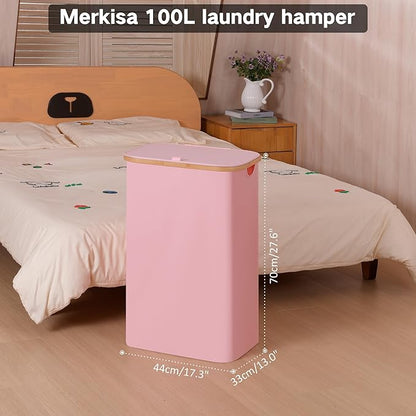 100L Laundry Hamper with Lid, Lagre Basket with Bamboo Handles, Foldable