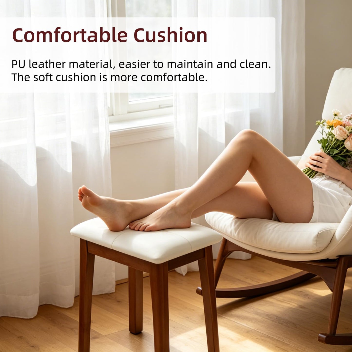 YETEYOW Solid Wood Vanity Stool with Cushion, 11" D x 15" W x 18" H - Small Wooden Ottoman Bench Chair Padded Seat for Bedroom/Living Room/Office/Makeup Vanity/Closet/Desk - Brown