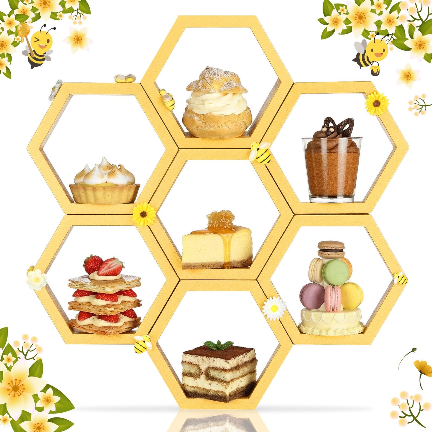Lallisa 8 Pcs 6.3 Inch Honeycomb Cupcake Stand Bee Baby Shower Decorations with 16 Bee 8 Flower Farmhouse Wooden Hexagon Cake Display Holder Beehive Shelves Table Sign for First Gender Reveal