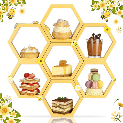 Lallisa 8 Pcs 6.3 Inch Honeycomb Cupcake Stand Bee Baby Shower Decorations with 16 Bee 8 Flower Farmhouse Wooden Hexagon Cake Display Holder Beehive Shelves Table Sign for First Gender Reveal