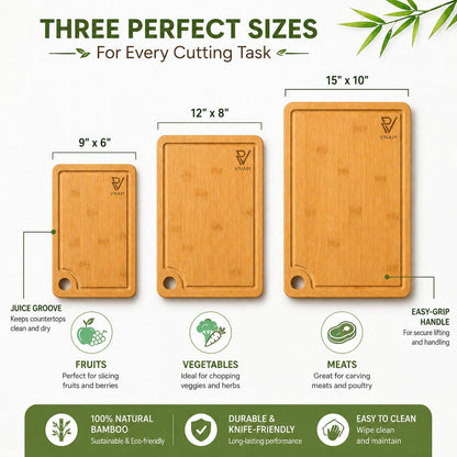 VNAM Bamboo Cutting Board Set of 3 for Kitchen, Wooden Chopping Boards with Juice Groove & Easy-Grip Handle, 9x6 12x8 15x10 Inch