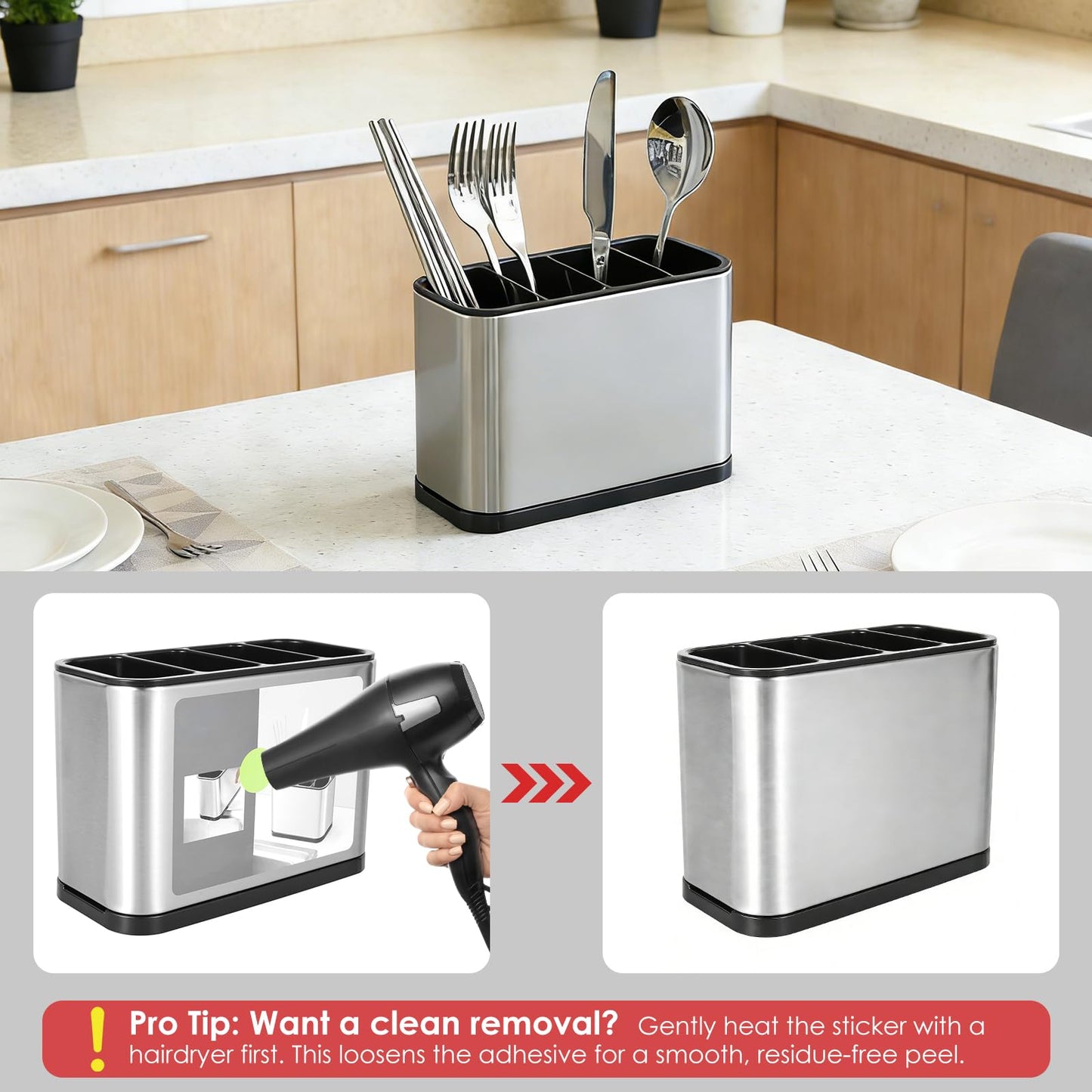 FAMIWIN Silverware Cutlery Organizer, Stainless Steel Kitchen Utensil Holder with 4 Compartments for Counter, Caddy Organizer for Faltware Spoon Fork and Tool