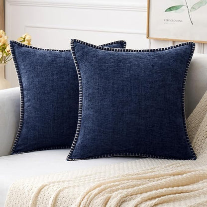 MIULEE Pack of 2 Couch Throw Pillow Covers 18x18 Inch Navy Blue Farmhouse Decorative Pillow Covers with Stitched Edge Soft Chenille Solid Dyed Pillow Covers for Sofa Bed Living Room