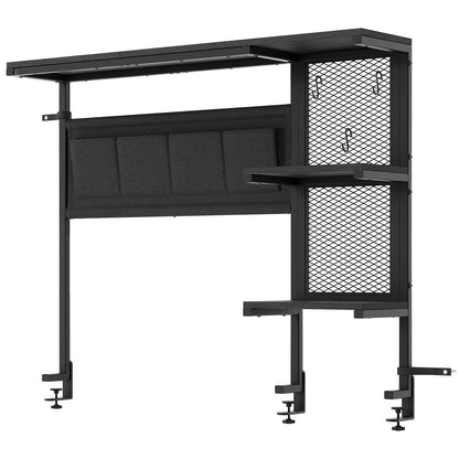 STHYTON Clamp On Desk Shelf, 3-Tier Above Desk Extender with Pegboard & Hooks, Metal & Wooden Desktop Bookshelf & Organizer, Tabletop Storage Rack for Office Accessories, 38.3" W x 33" H, Black