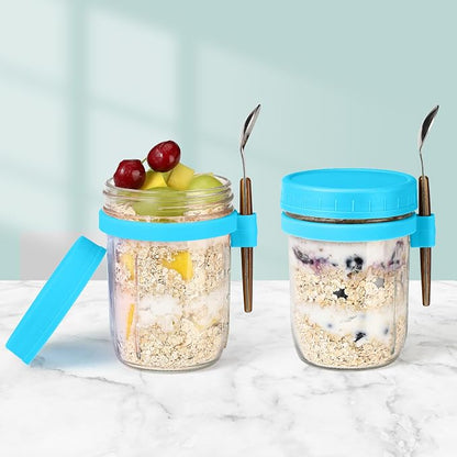 16oz Glass Mason Overnight Oats Jars, Cereal, Yogurt, Salad Lunch,Glass Overnight Oats Containers with Lids and Spoon, Container with Measurement Marks - (Blue-2Pcs)