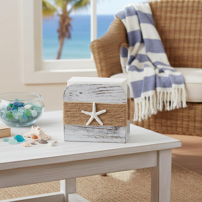 Fiwochic Natural Wooden Napkin Holder, Farmhouse Napkin Holders Upright Wooden Tissue Dispenser for Kitchen Dining Room Table Decor Indoor & Outdoor Use (Beach Style,White)