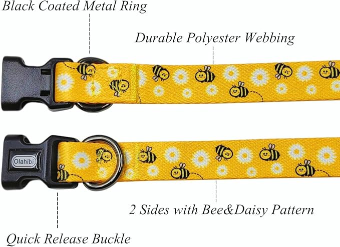 Dog Collar Leash Set, Floral Pattern, Polyester Material, Adjustable Collar and 5ft Matching Leash, for Puppy Dogs.(XS, Bee Daisy)