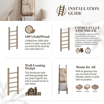 Blanket Ladder Pre Assembled 76in Wooden Ladder Shelf Living Room Bathroom Bedroom Decorative Wall Leaning Farmhouse Quilt Display Holder Rustic Towel Rack (Brown, 57in（5-Tier）)