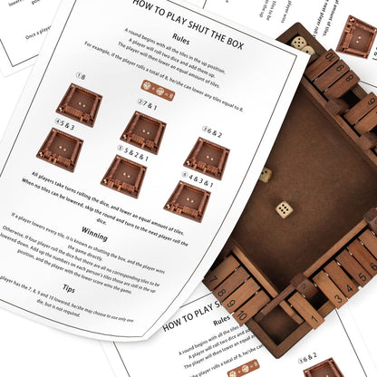 Shut The Box Game Wooden 4 Player, Classic Board Game for Kids & Adults, Educational Math Learning Toy, Table Dice Game for The Party Family or Bar - 12 Inch with 8 Dice