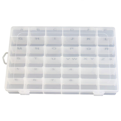 Plastic Organizer Container Box with Adjustable Dividers - 36 Compartments for Letter Board Letters - Stickers Pre Applied to Dividers