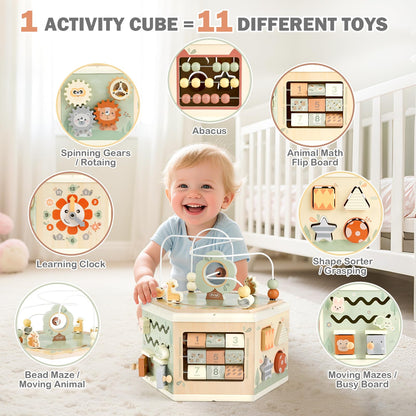 Joyreal Wooden Activity Cube - 11-in-1 Montessori Toys for 1+ Year Old Boys & Girls, Early Developmental Learning Toys for Toddlers and Kids, Ideal 1st Birthday Gift Toys for Baby(Animal Theme)