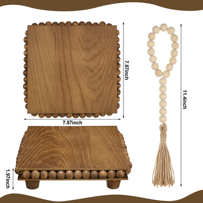 Kathfly Wood Riser and Wood Bead Garland Set Wooden Trivets Farmhouse Beaded Riser for Display Square Brown Wooden Trivets Decorative for Coffee Bar, Bathroom, Kitchen Island