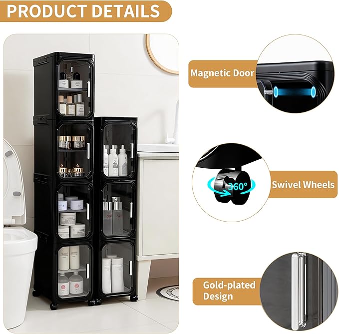 4-Tier Tall Narrow Slim Bathroom Storage Cabinet, Black | Tool Free Assembly, Adjustable shelves, Fits for Narrow Spaces, Lockable Wheels, Magnetic Clear Door