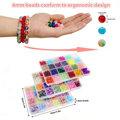 【3 Pack】 8mm Glass Beads for Jewelry Making，1800+pcs 72 Colors Round Crystal Glass Beads DIY Bracelet Making Kit with Accessories，Solid、Crackle and Gradient Colors 3 Box