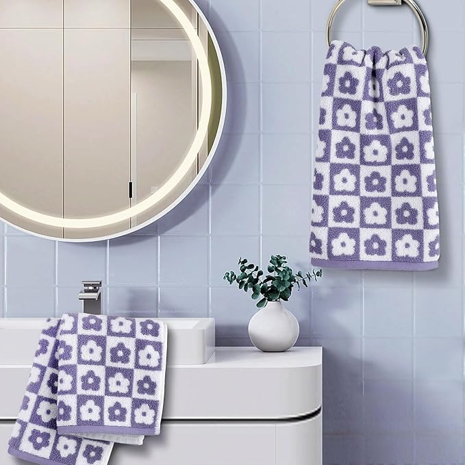 Jacquotha Cotton Hand Towels Lilac Checkered Floral